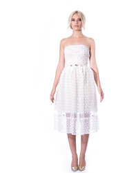 Elena Perseil White Lace Strapless Midi Cocktail Dress