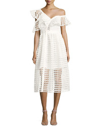 Self-Portrait Lace Frill Asymmetric Cold Shoulder Midi Dress White