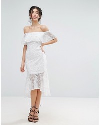 Love Triangle Lace Bardot Midi Dress With Peplum Hem