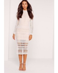 Missguided High Neck Structured Lace Midi Dress White