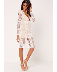 Missguided Lace Plunge Midi Dress White