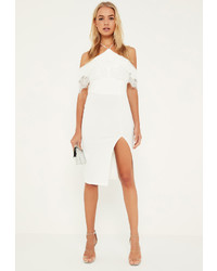 Missguided White Lace Frill Bardot Halter Midi Dress