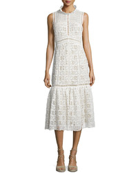 Rebecca Taylor Sleeveless Crochet Lace Midi Dress Off White