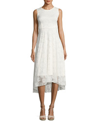 Neiman Marcus Sleeveless Jewel Neck Lace Midi Dress White