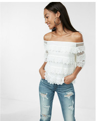 Express Petite Tiered Lace Off The Shoulder Tee