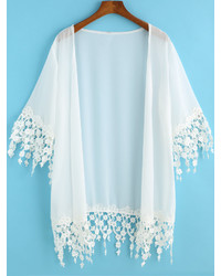 White Half Sleeve Lace Embellished Kimono