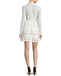 Self-Portrait Long Sleeve Tiered Scalloped Lace Dress Off White
