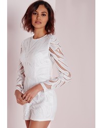 Missguided Long Sleeve Lace Romper White
