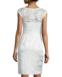 Sue Wong Cap Sleeve Lace Sheath Dress White