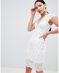 Flounce London Scalloped Sequin Lace Midi Dress With Cap Sleeve In White