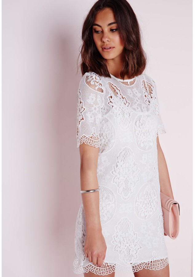 Missguided Crochet Lace Overlay Shift Dress White, $70 | Missguided ...