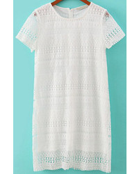 White Short Sleeve Hollow Lace Slim Dress