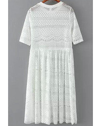 White Short Sleeve Lace Pleated Dress