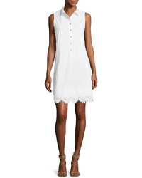 Neiman Marcus Lace Trim Sleeveless Shirtdress White