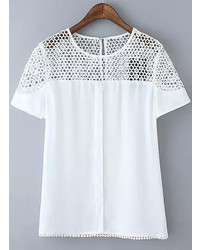 White Short Sleeve Hollow Lace Blouse