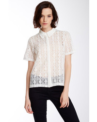 White Lace Short Sleeve Button Down Shirt