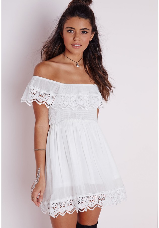 Missguided Cheesecloth Crochet Trim Bardot Skater Dress White, $70 ...