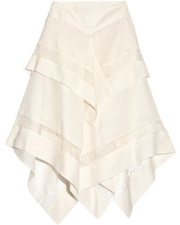 Wes Gordon Asymmetric Lace Trimmed Silk And Wool Blend Gauze Skirt Ivory