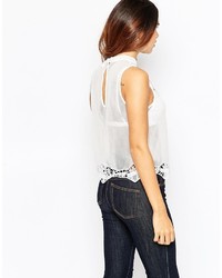 Asos Collection Tank With High Neck In Mesh With Cotton Lace Hem