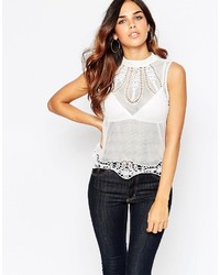 Asos Collection Tank With High Neck In Mesh With Cotton Lace Hem