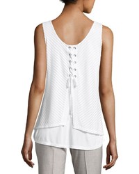 Neiman Marcus Scoop Neck Lace Up Back Tank White