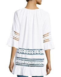 Neiman Marcus Lace Stripe Bell Sleeve Tunic White