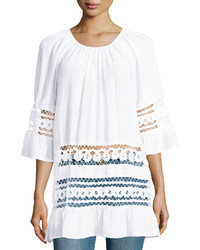 Neiman Marcus Lace Stripe Bell Sleeve Tunic White