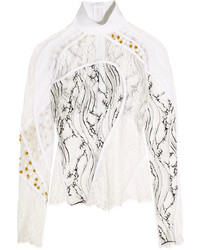 Carven Paneled Lace Mesh And Fil Coup Turtleneck Top White
