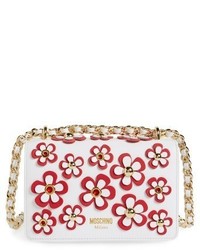 Moschino Flowery Flap Leather Shoulder Bag White