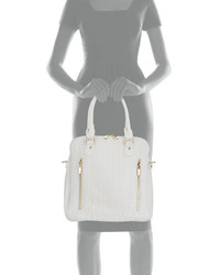 Neiman Marcus Woven Faux Leather Satchel Bag White
