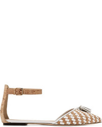 J.Crew Macklin Tassel Trimmed Cork And Leather Point Toe Flats White
