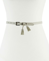 Neiman Marcus Skinny Faux Leather 15mm Tassel Loop Belt White