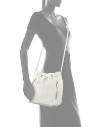 Neiman Marcus Woven Faux Leather Bucket Bag White