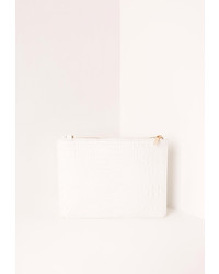 Missguided Faux Leather Zip Top Croc Clutch Bag White