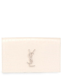 Saint Laurent Monogram Croc Embossed Clutch Bag White