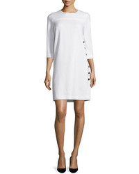 Escada Leather Side Button Long Sleeve Dress Off White