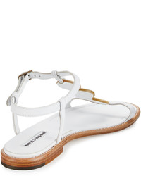 Manolo Blahnik Fonga Circle Leather Flat Thong Sandal White