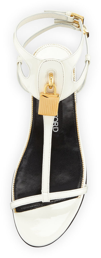 Tom Ford Patent Lock T Strap Flat Sandal Chalk, $890 | Neiman Marcus |  Lookastic