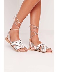 Missguided Real Leather Woven Slingback Flat Sandals Whiterose Gold