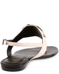 Roger Vivier Round Buckle Leather Flat Thong Sandal White