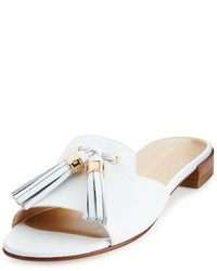 Stuart Weitzman Two Tassels Leather Flat Slide Sandal White