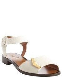 Fendi White Leather Gold Detail Anklestrap Flat Sandals