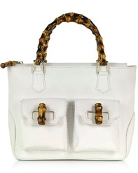 Buti Front Pockets White Leather Satchel Bag W Bamboo Handles