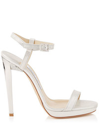 Jimmy Choo Claudette 120 White Shimmer Leather Sandals With Crystal Detailed Heel