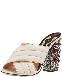 Gucci Webby Quilted Leather Snake Heel Mule Sandal Mystic White