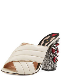Gucci Webby Quilted Leather Snake Heel Mule Sandal Mystic White