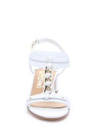 Salvatore Ferragamo White Leather Chain Detail T Strap Slingback Sandals