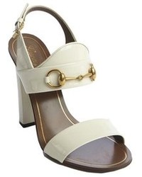 Gucci White Patent Leather Horsebit Block Heel Sandals