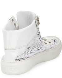 Jimmy Choo Argyle Netted Mesh Leather High Top Sneaker White