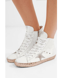 Golden Goose Deluxe Brand Francy Glittered Distressed Leather High Top Sneakers White
